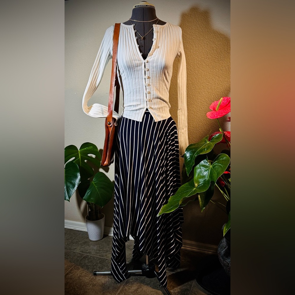 CAbi Navy Blue White Striped Asymmetrical Midi Skirt M